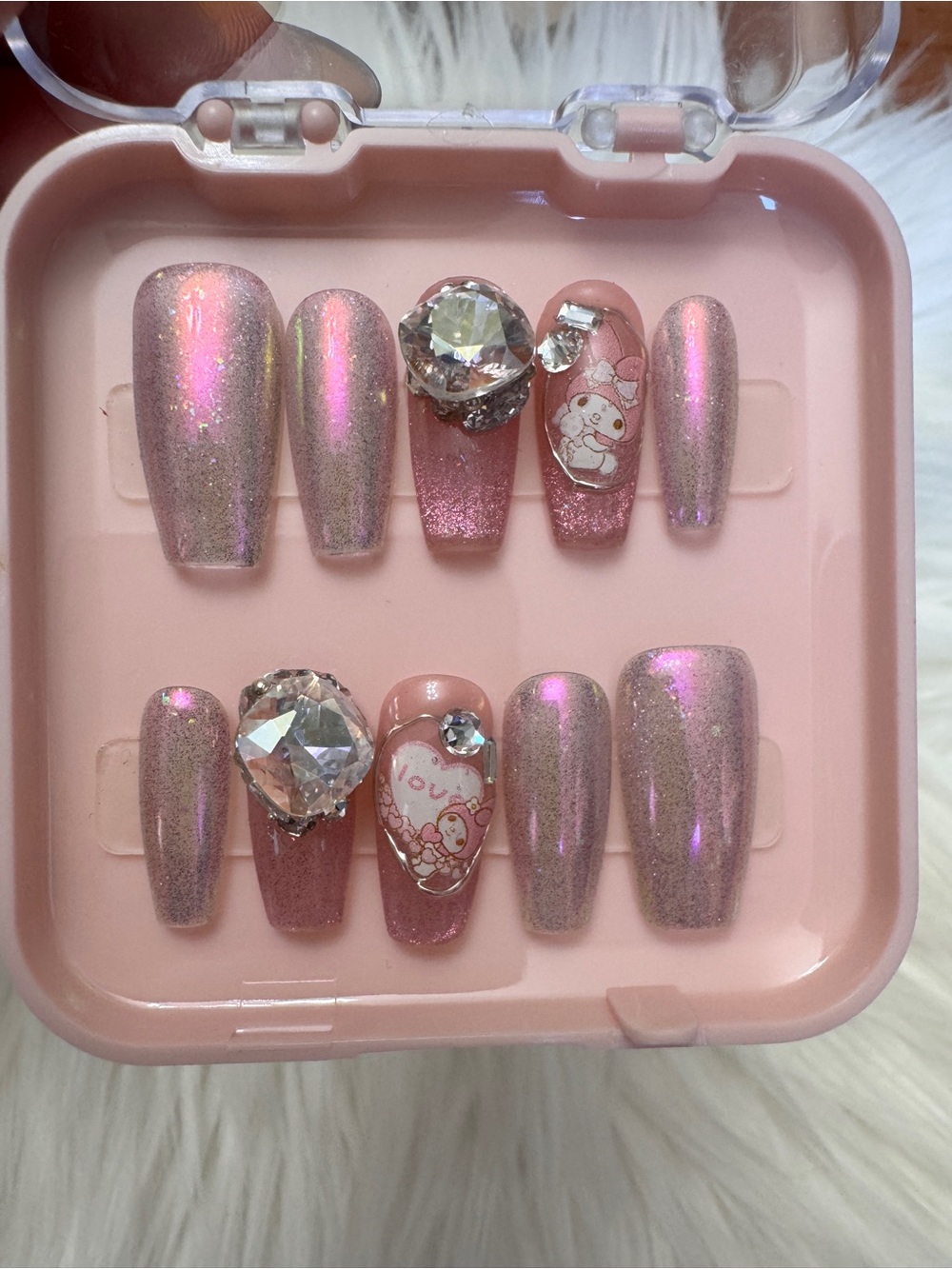 Pink Iridescent Press-On Nail Set with Rhinestones